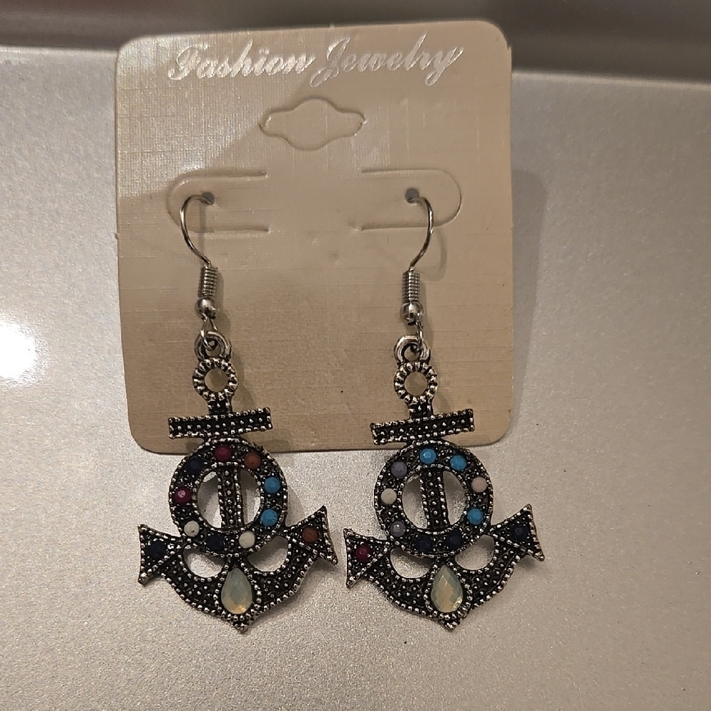 Fashion Jewelry Silver Blue Anchor Dangle Earrings